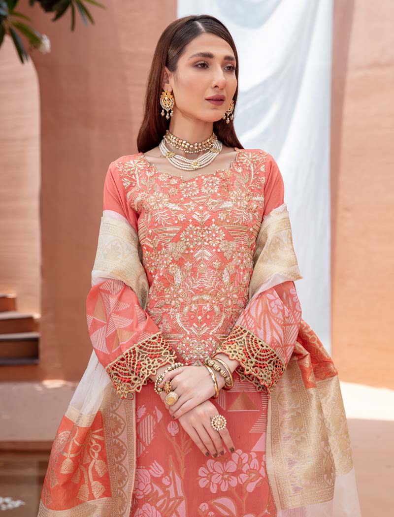 Elina Luxury Jacquard 3 Piece Coral Wedding Outfit - Desi Posh
