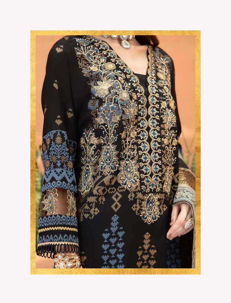 Elina Luxury Jacquard 3 Piece Black Tulip Salwar Wedding Outfit - Desi Posh