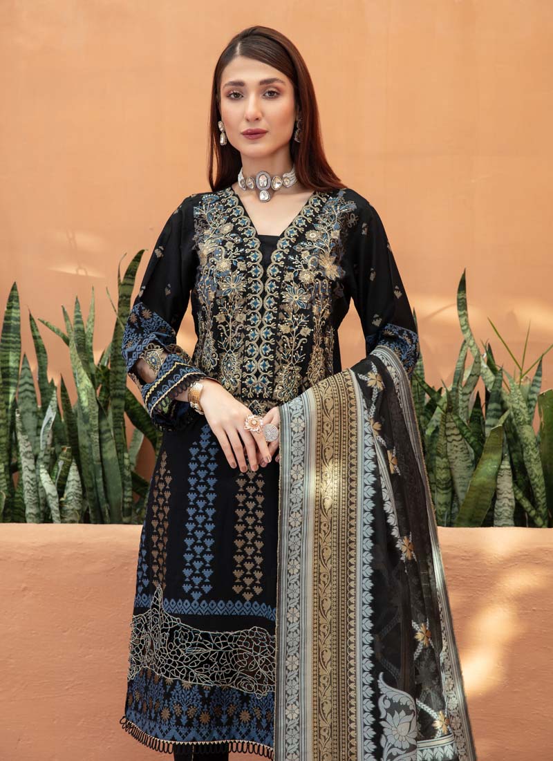 Elina Luxury Jacquard 3 Piece Black Tulip Salwar Wedding Outfit - Desi Posh