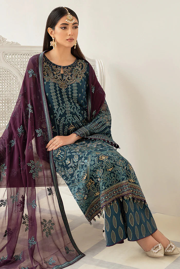 Flossie Emerald Motifs Ladies Embroidered Chiffon Readymade Suit - Desi Posh