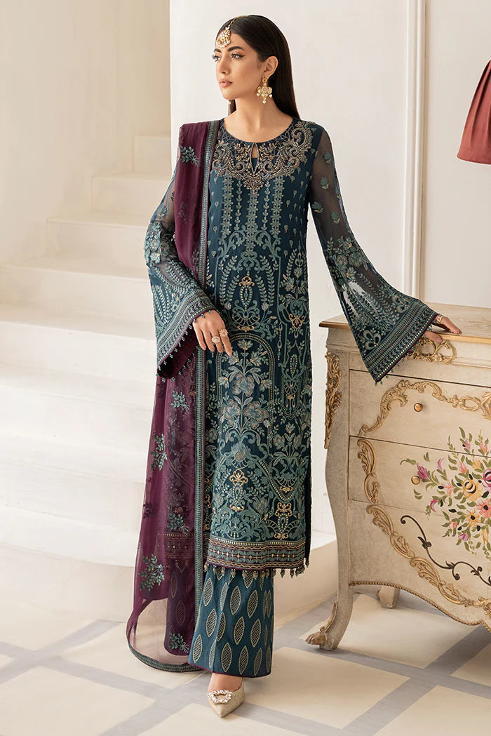 Flossie Emerald Motifs Ladies Embroidered Chiffon Readymade Suit - Desi Posh