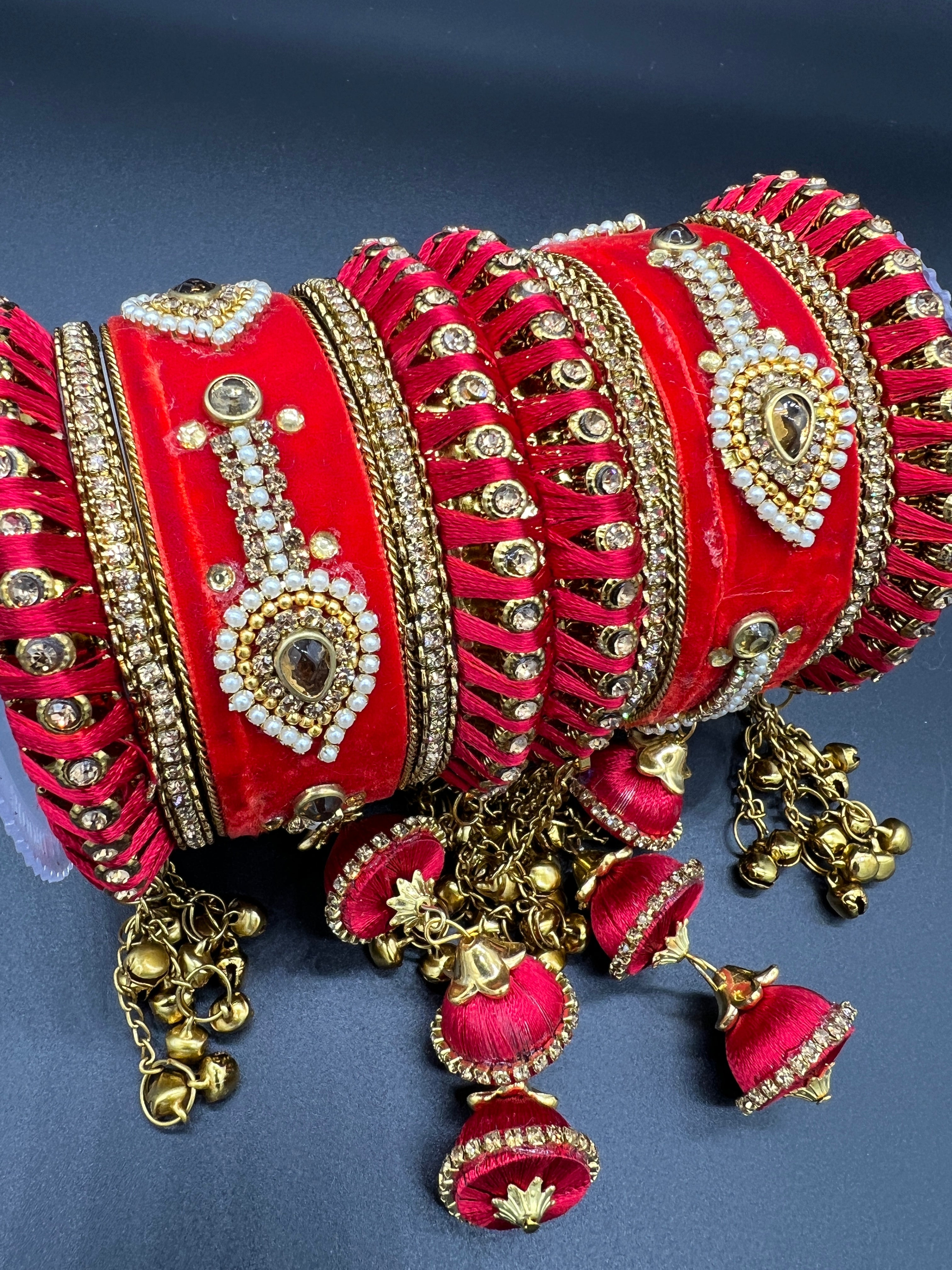 Red Thread and Gold Stone Work Bangles - Desi Posh