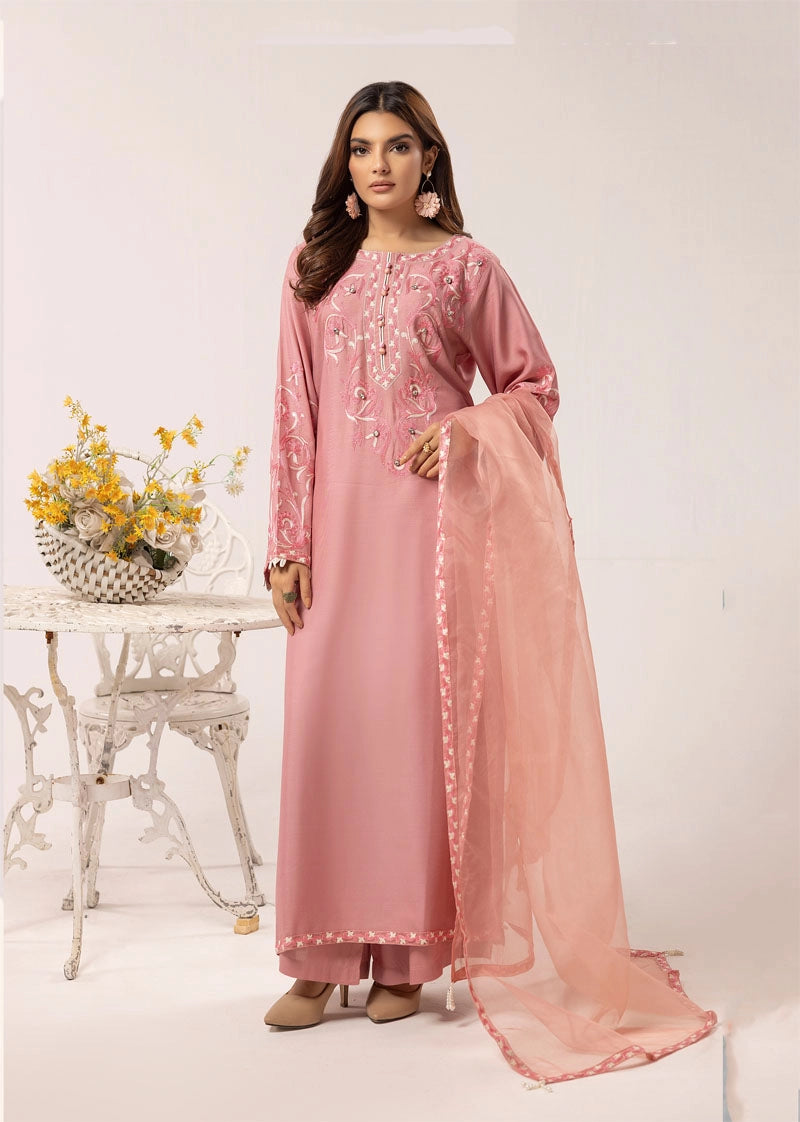 Florence 3 Piece Linen Suit with Organza Net Dupatta FL09 Peach - Desi Posh