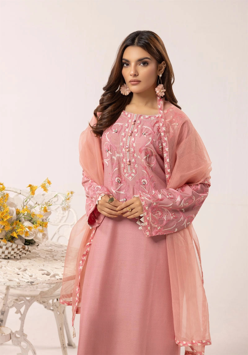 Florence 3 Piece Linen Suit with Organza Net Dupatta FL09 Peach - Desi Posh