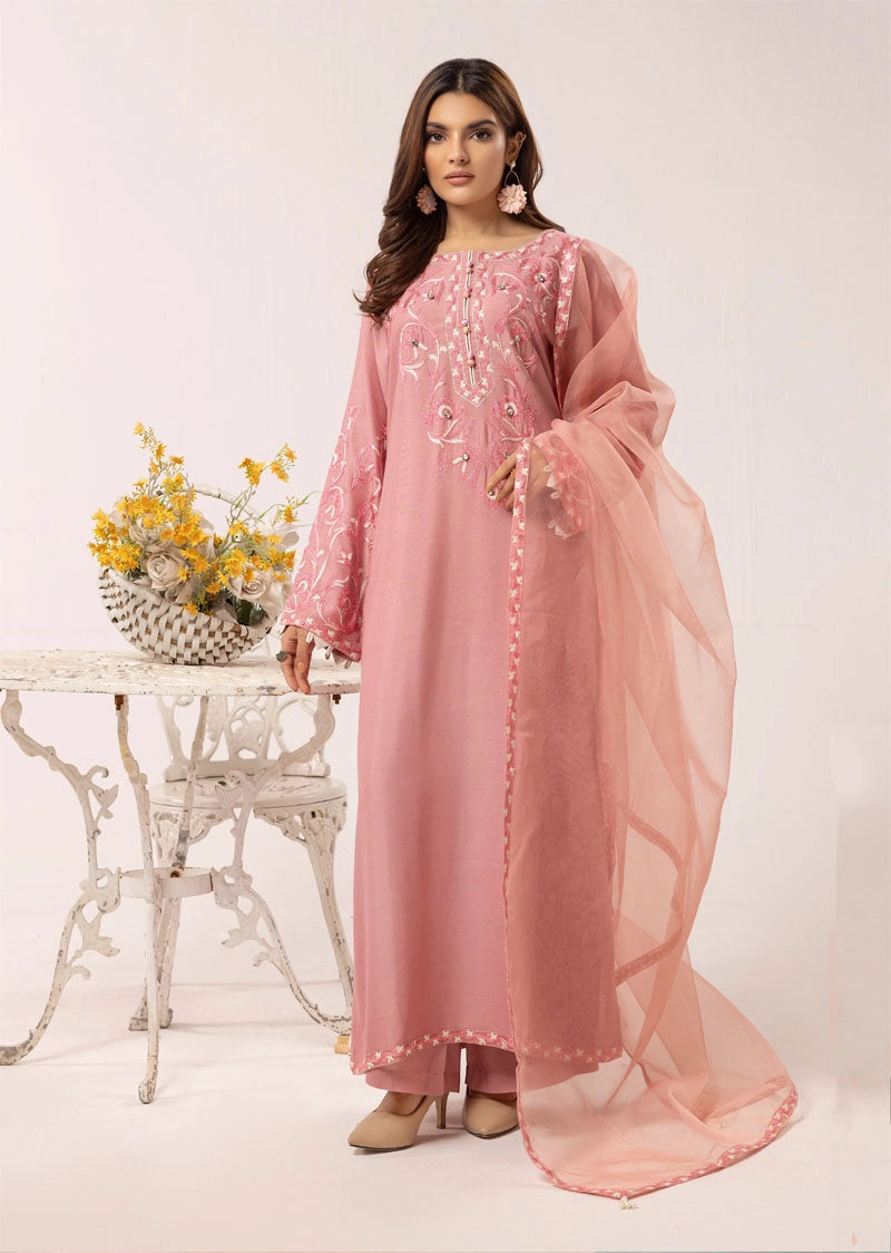 Florence 3 Piece Linen Suit with Organza Net Dupatta FL09 Peach - Desi Posh