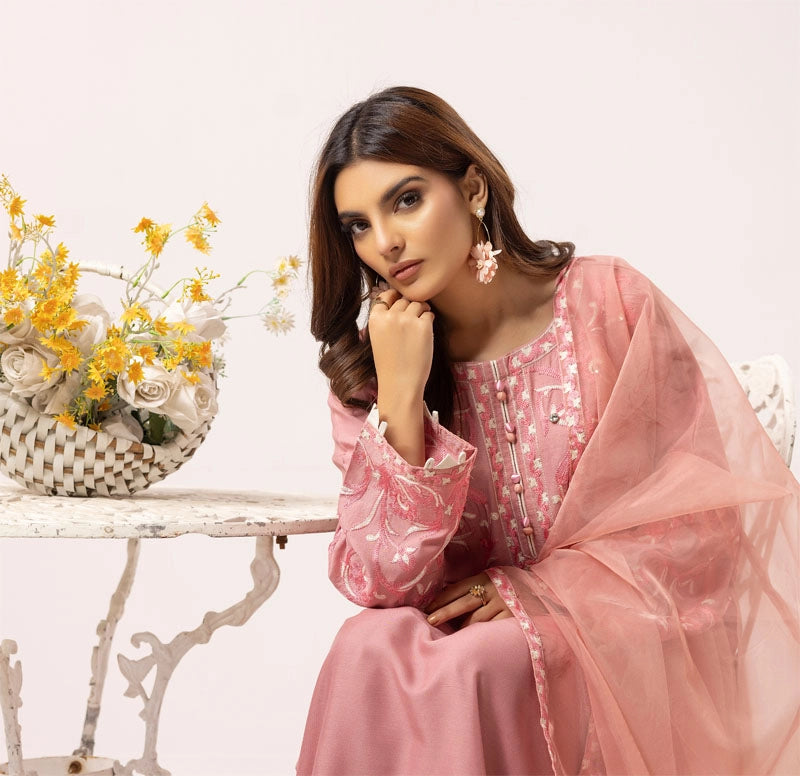 Florence 3 Piece Linen Suit with Organza Net Dupatta FL09 Peach - Desi Posh