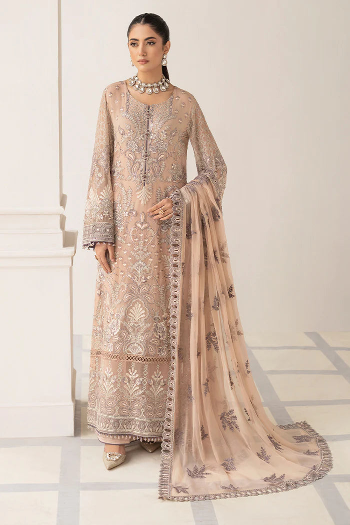 Flossie Radiant Persici Ladies Embroidered Chiffon Readymade Suit - Desi Posh