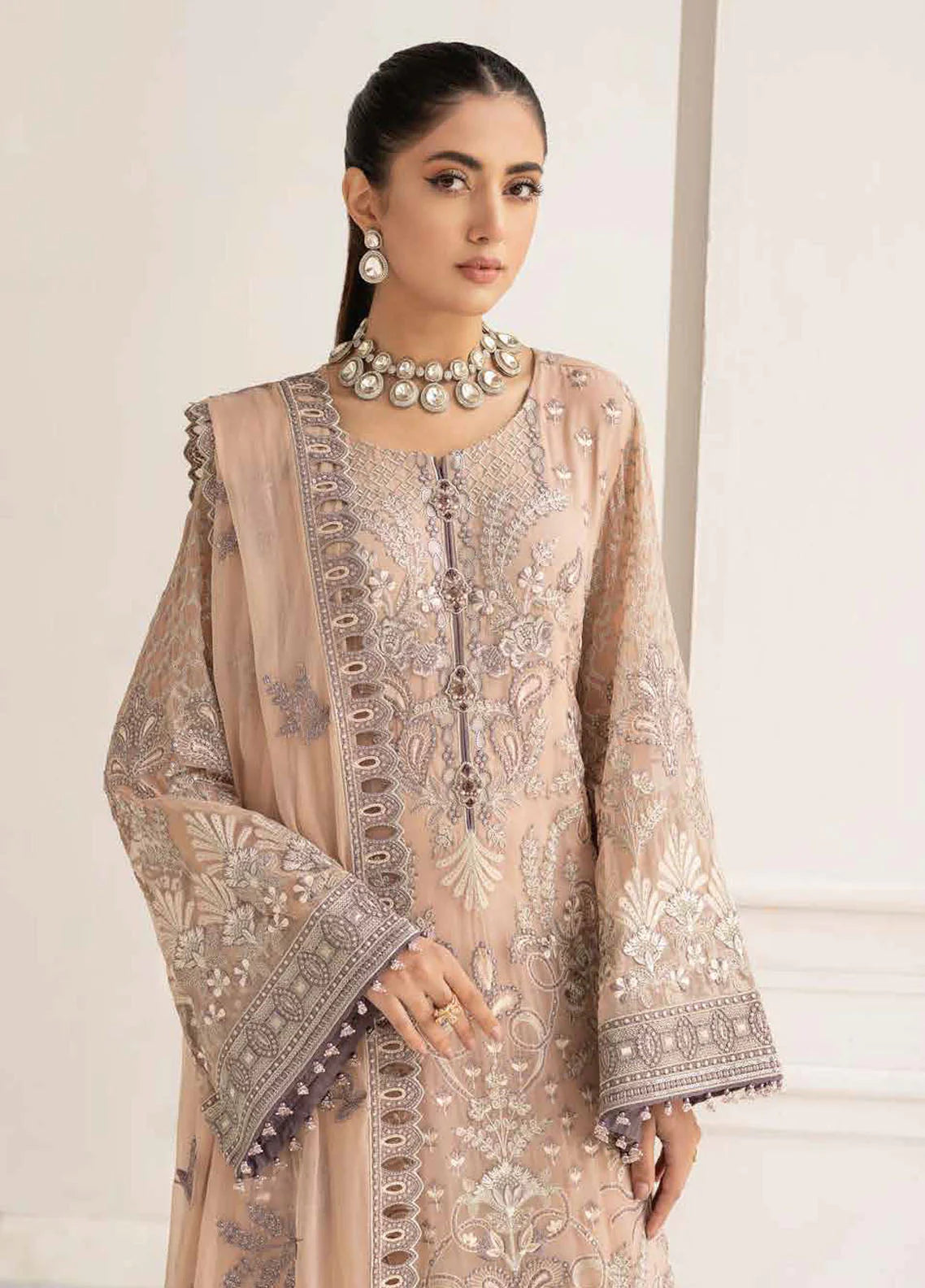 Flossie Radiant Persici Ladies Embroidered Chiffon Readymade Suit - Desi Posh