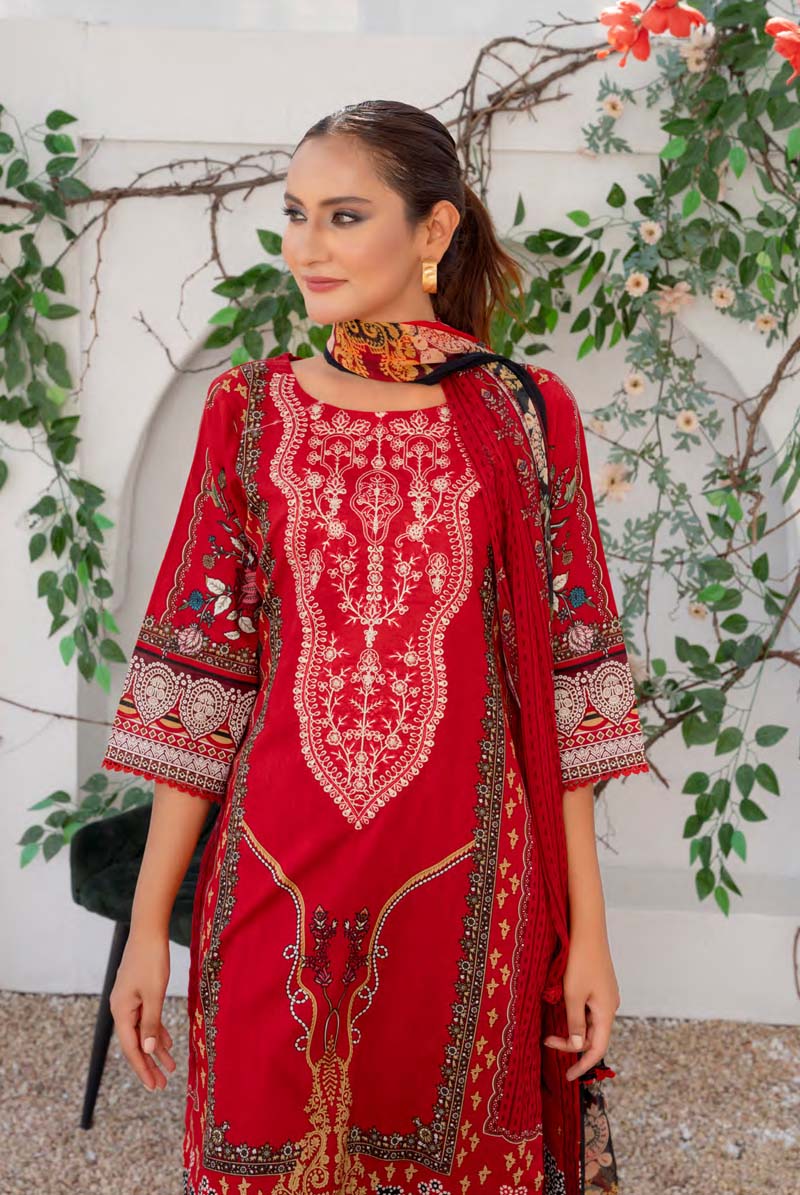 Simrans Lawn Red Outfit With Printed Trousers and Chiffon Dupatta - Desi Posh