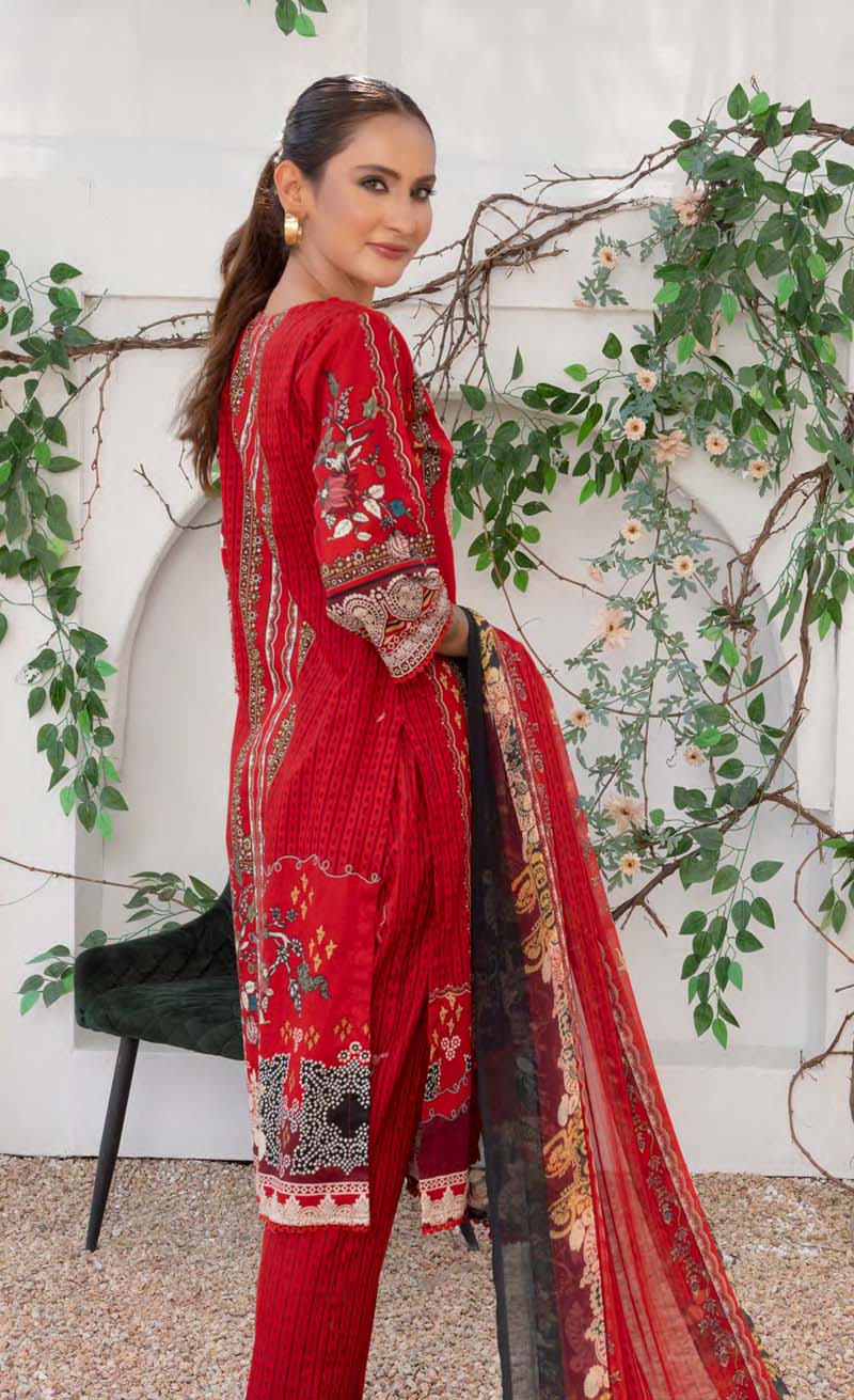 Simrans Lawn Red Outfit With Printed Trousers and Chiffon Dupatta - Desi Posh