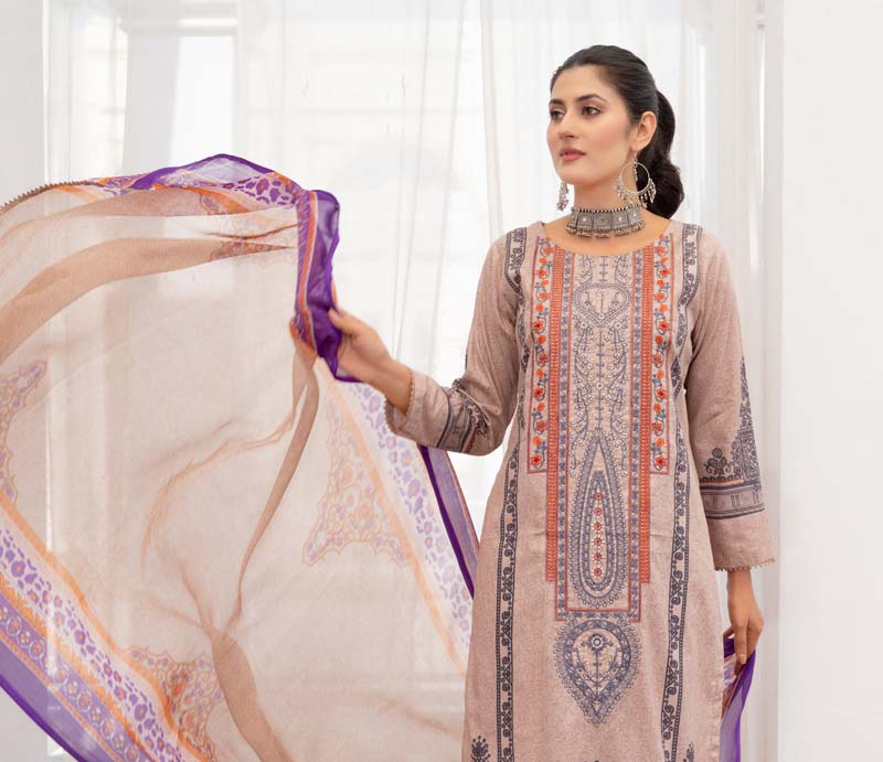 Simrans Lawn Beige Outfit With Palazzo Trousers and Chiffon Dupatta - Desi Posh