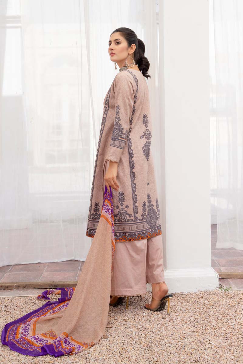 Simrans Lawn Beige Outfit With Palazzo Trousers and Chiffon Dupatta - Desi Posh