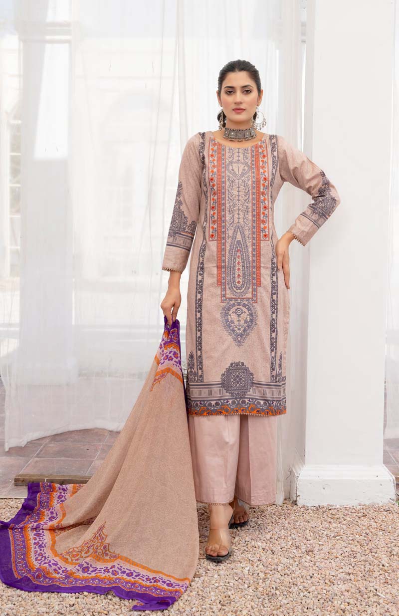 Simrans Lawn Beige Outfit With Palazzo Trousers and Chiffon Dupatta - Desi Posh