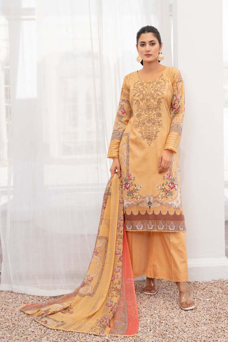 Simrans Lawn Cream Outfit With Palazzo Trousers and Chiffon Dupatta - Desi Posh