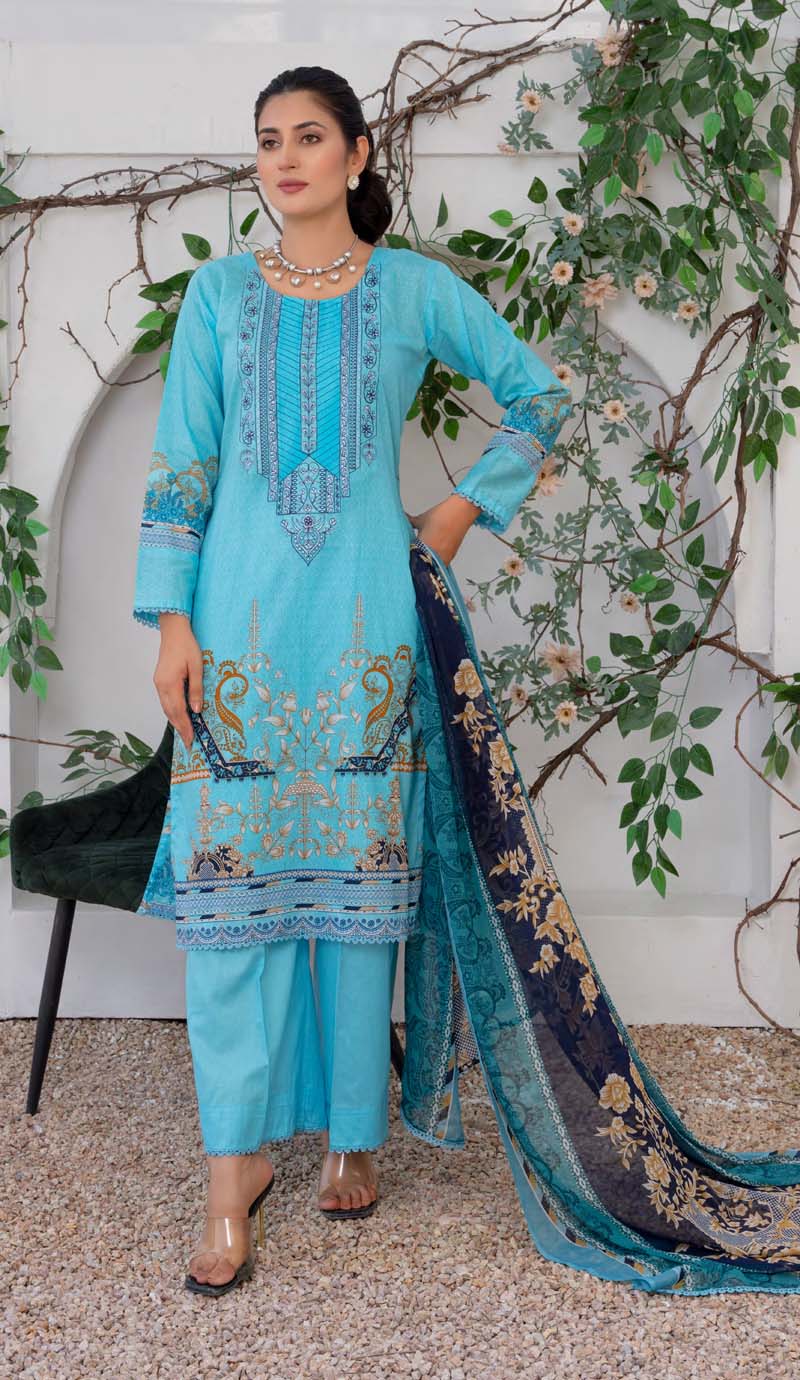 Simrans Lawn Sky Blue Outfit With Palazzo Trousers and Chiffon Dupatta - Desi Posh