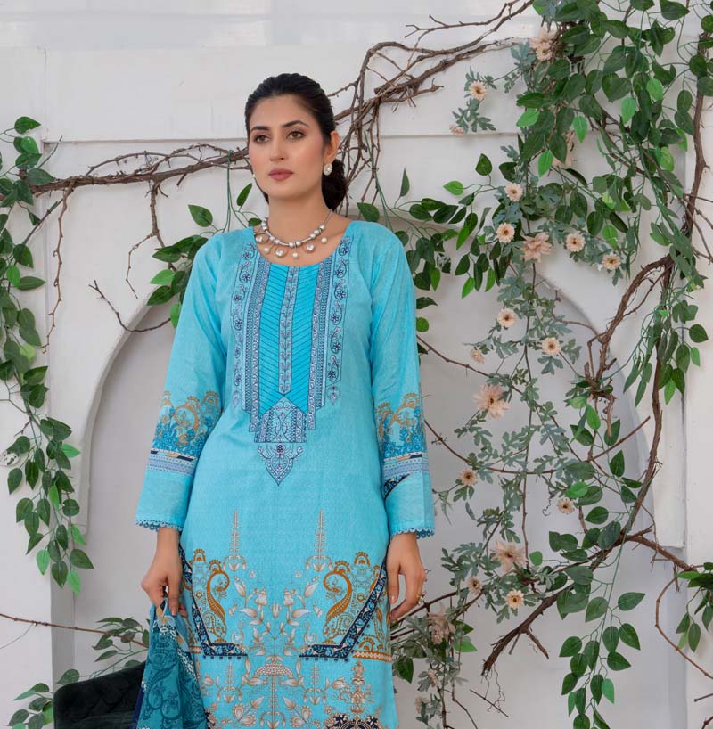 Simrans Lawn Sky Blue Outfit With Palazzo Trousers and Chiffon Dupatta - Desi Posh