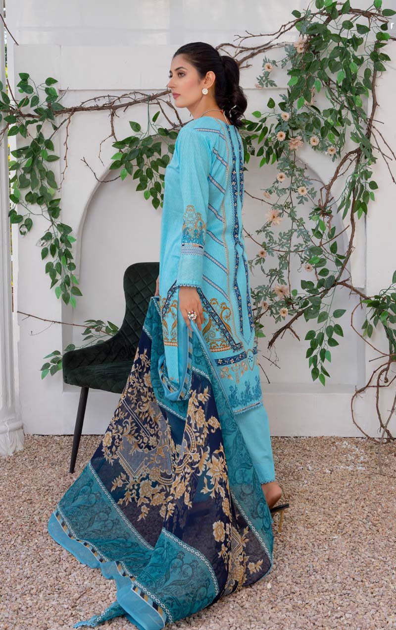 Simrans Lawn Sky Blue Outfit With Palazzo Trousers and Chiffon Dupatta - Desi Posh
