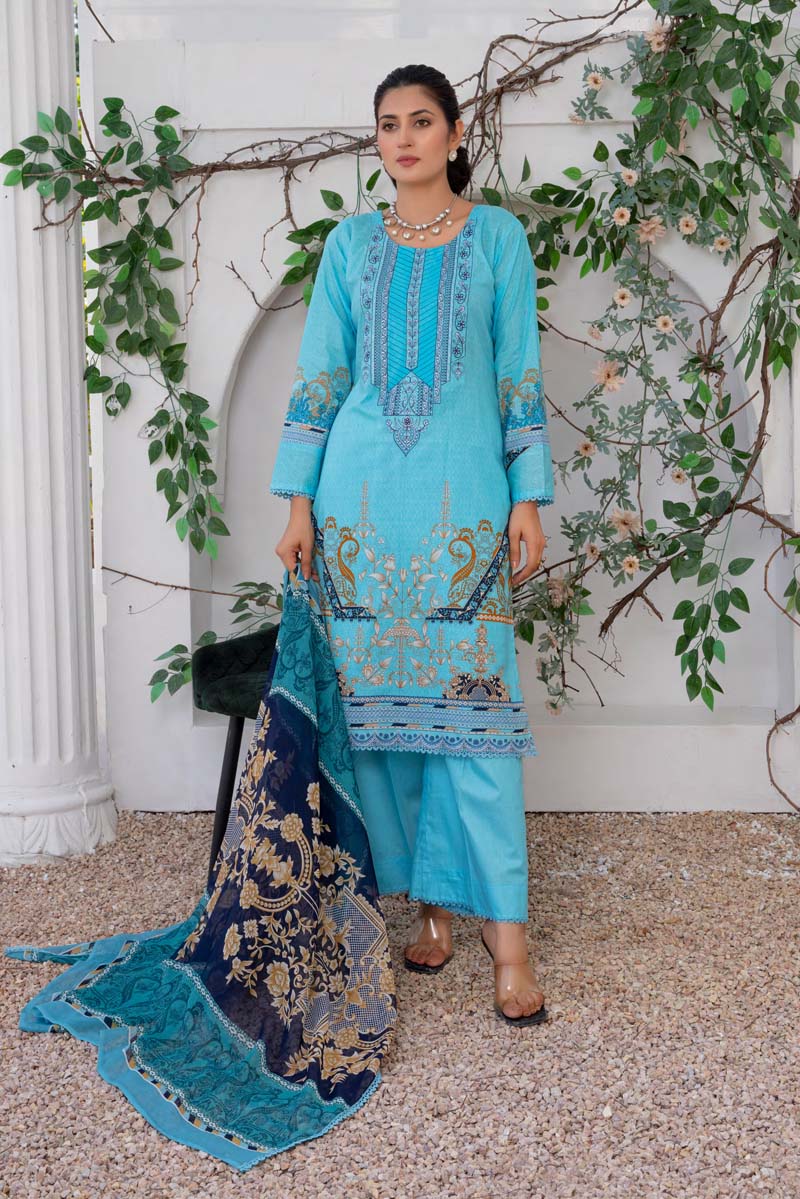 Simrans Lawn Sky Blue Outfit With Palazzo Trousers and Chiffon Dupatta - Desi Posh