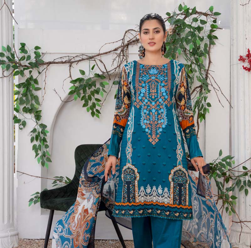 Simrans Lawn Blue Outfit With Salwar and Chiffon Dupatta - Desi Posh