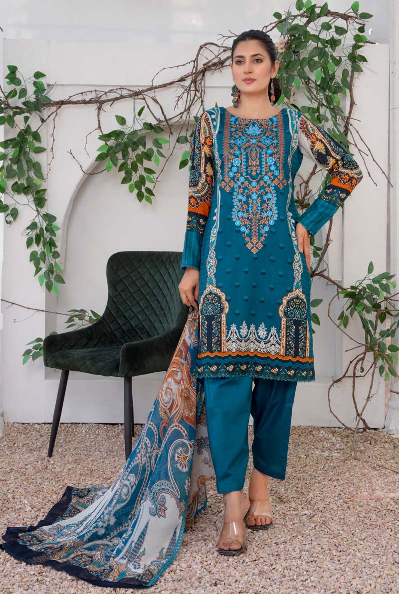 Simrans Lawn Blue Outfit With Salwar and Chiffon Dupatta - Desi Posh