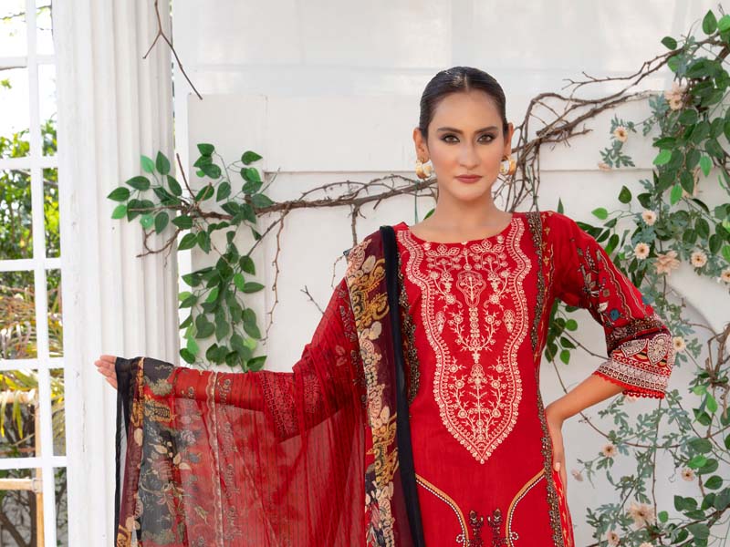 Simrans Lawn Red Outfit With Printed Trousers and Chiffon Dupatta - Desi Posh