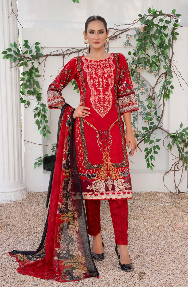 Simrans Lawn Red Outfit With Printed Trousers and Chiffon Dupatta - Desi Posh