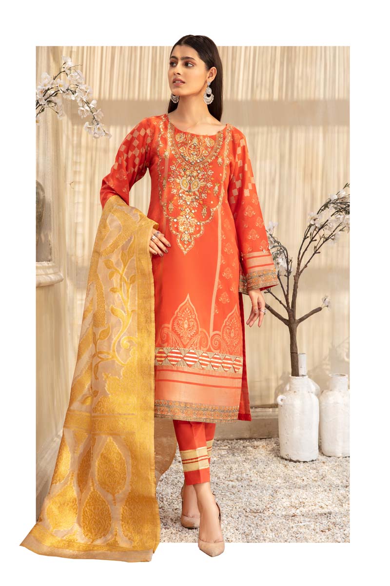 Elegance By Simrans Jacquard 3 Piece Peachy Pink Outfit - Desi Posh