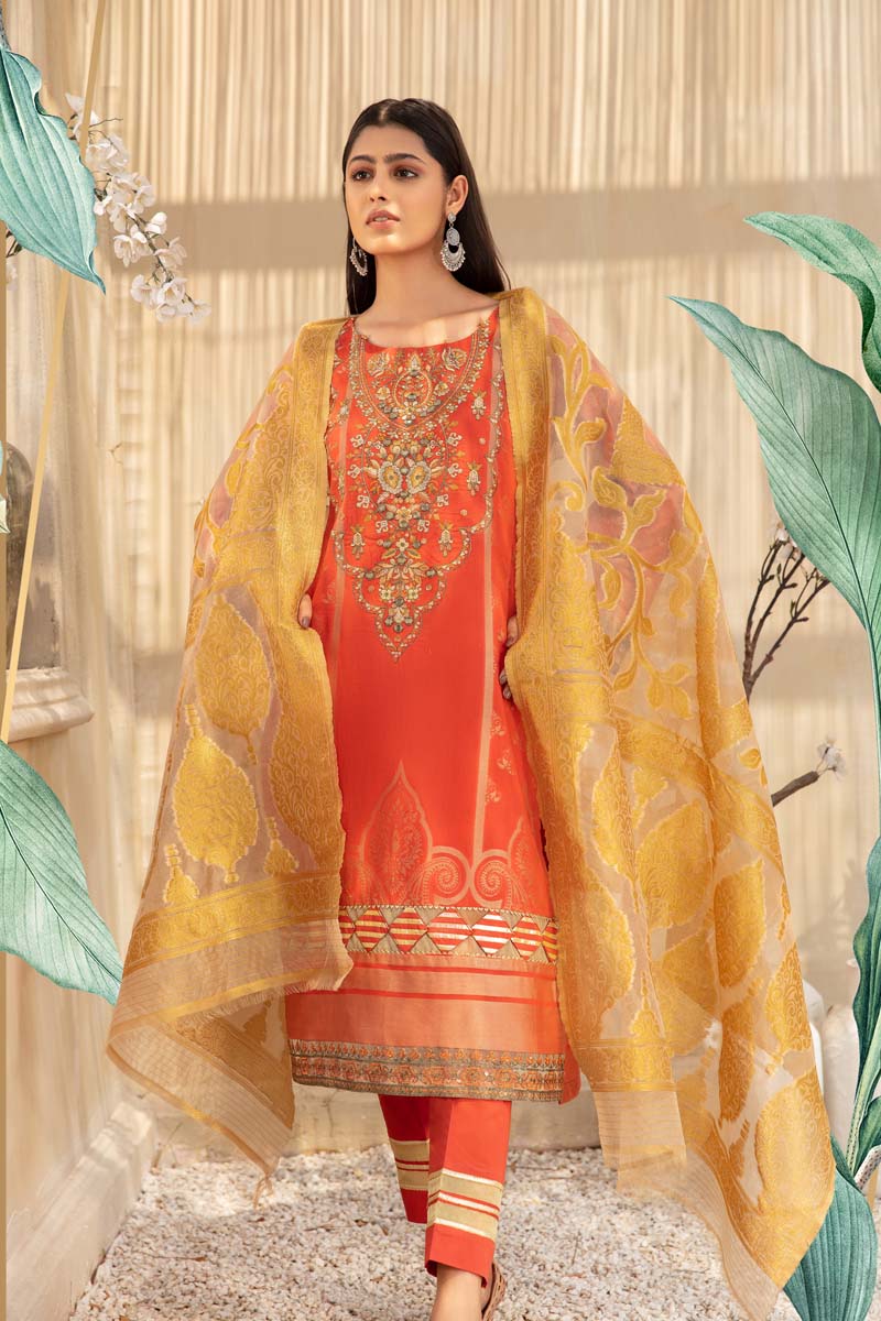 Elegance By Simrans Jacquard 3 Piece Peachy Pink Outfit - Desi Posh