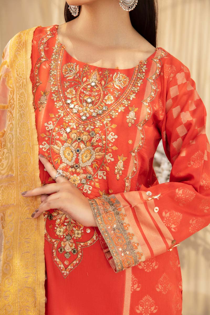 Elegance By Simrans Jacquard 3 Piece Peachy Pink Outfit - Desi Posh