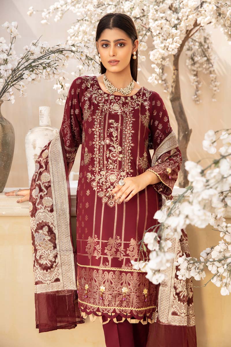 Elegance By Simrans Jacquard 3 Piece Maroon Outfit - Desi Posh