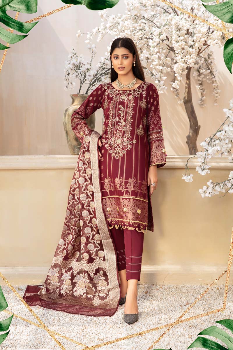 Elegance By Simrans Jacquard 3 Piece Maroon Outfit - Desi Posh