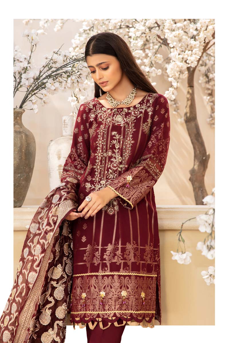 Elegance By Simrans Jacquard 3 Piece Maroon Outfit - Desi Posh