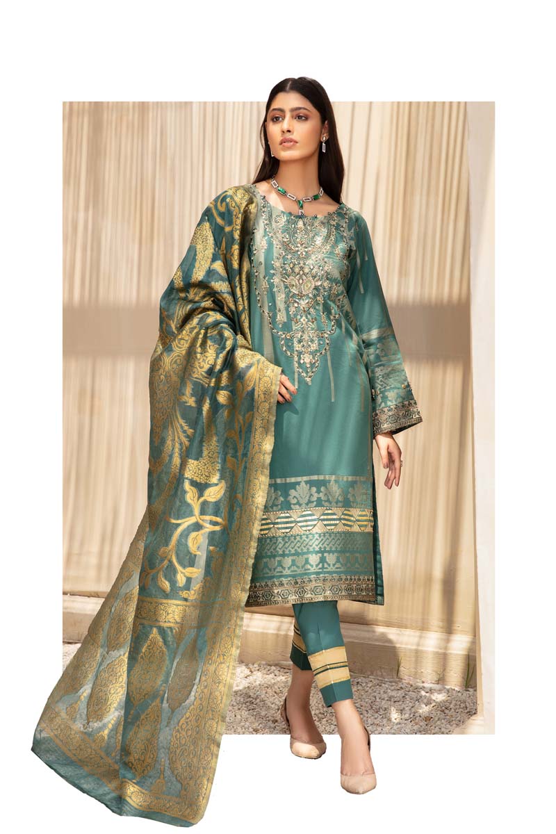 Elegance By Simrans Jacquard 3 Piece Sea Green Outfit - Desi Posh