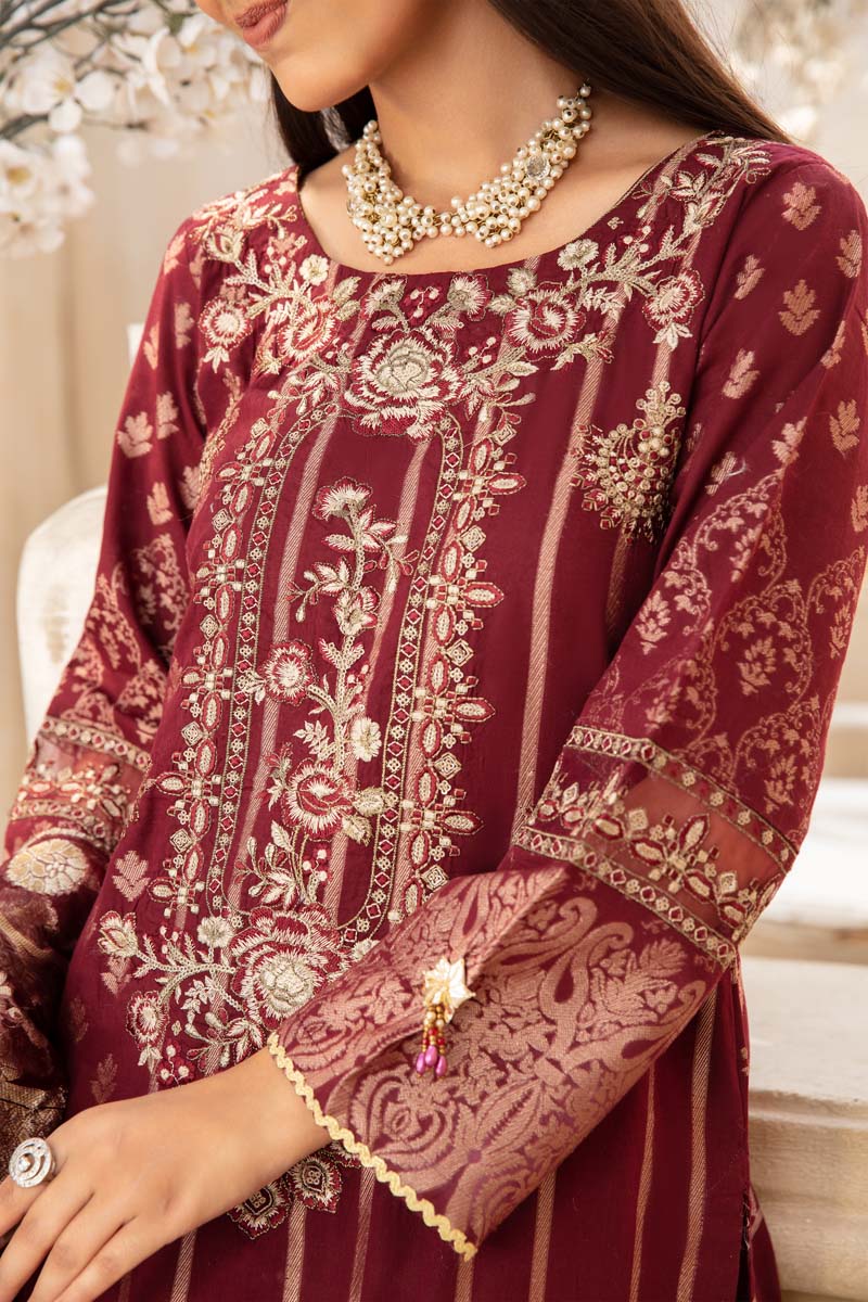 Elegance By Simrans Jacquard 3 Piece Maroon Outfit - Desi Posh