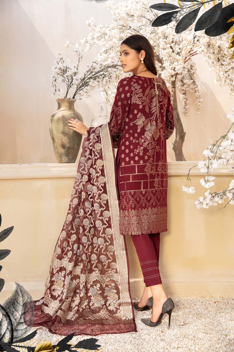 Elegance By Simrans Jacquard 3 Piece Maroon Outfit - Desi Posh