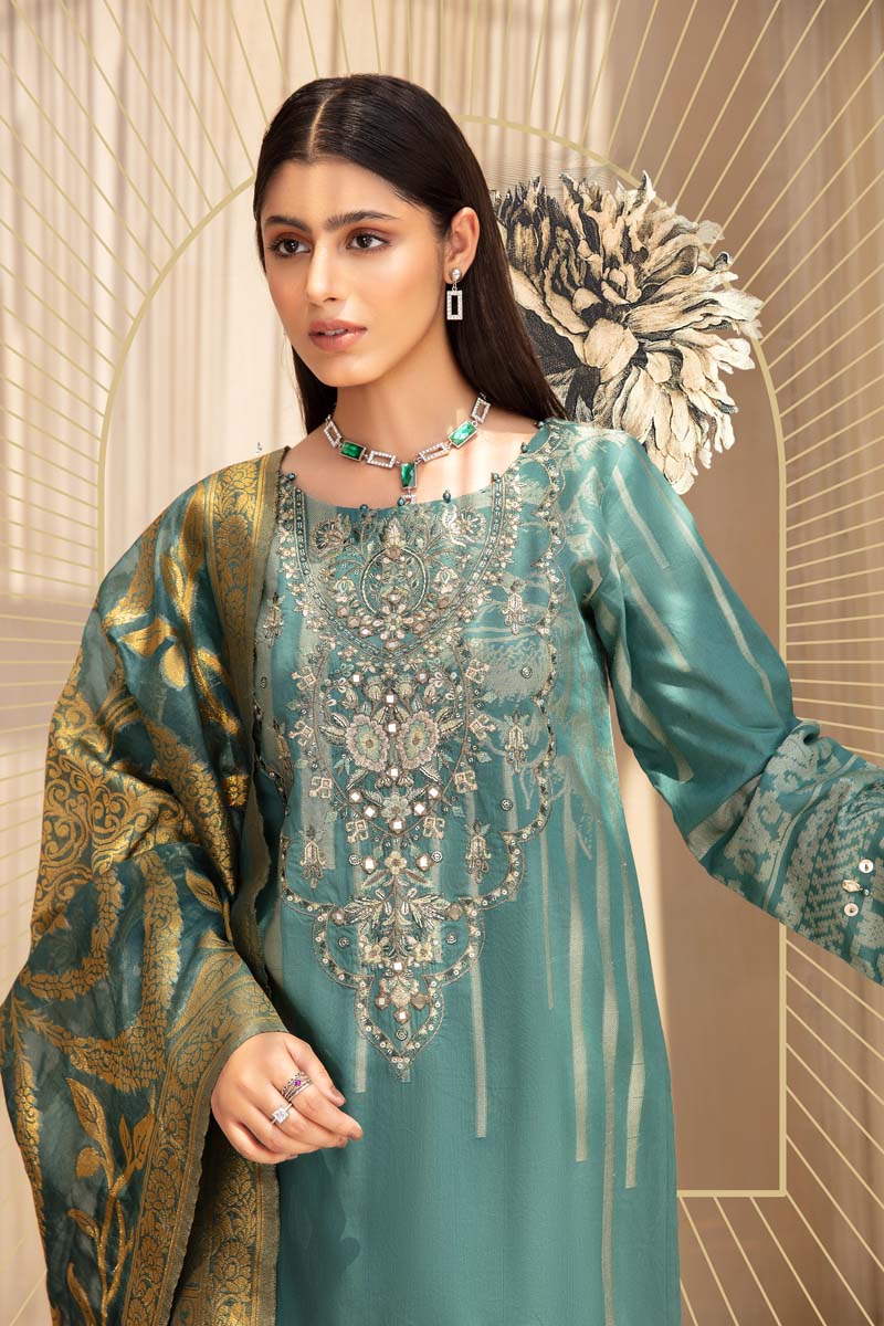 Elegance By Simrans Jacquard 3 Piece Sea Green Outfit - Desi Posh