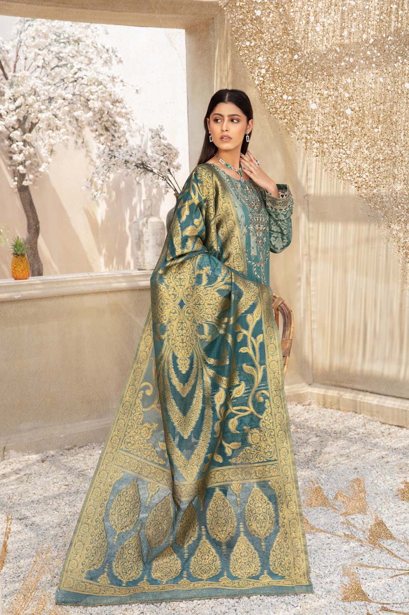 Elegance By Simrans Jacquard 3 Piece Sea Green Outfit - Desi Posh