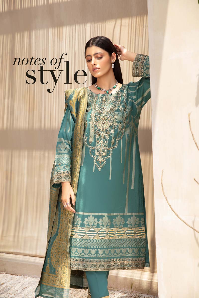 Elegance By Simrans Jacquard 3 Piece Sea Green Outfit - Desi Posh