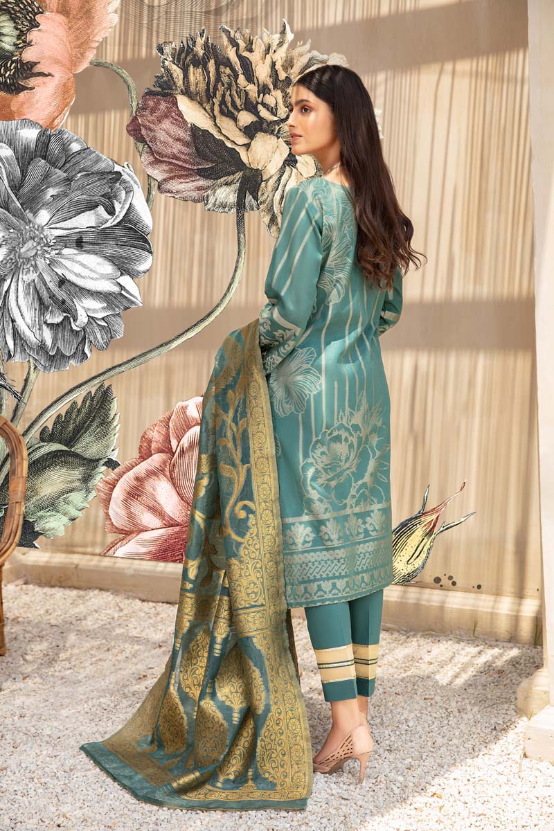 Elegance By Simrans Jacquard 3 Piece Sea Green Outfit - Desi Posh
