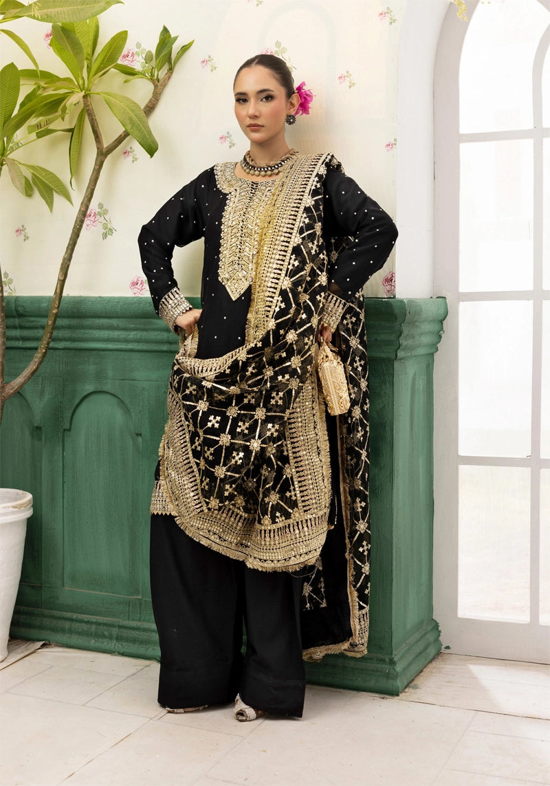 Qalamkar Inspired Embroidered 3 Piece Chiffon Wedding Outfit Black