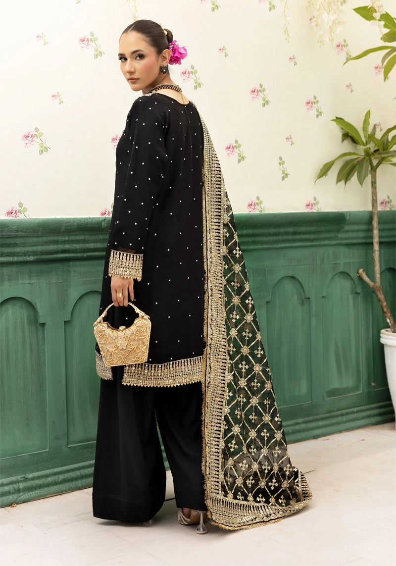 Qalamkar Inspired Embroidered 3 Piece Chiffon Wedding Outfit Black