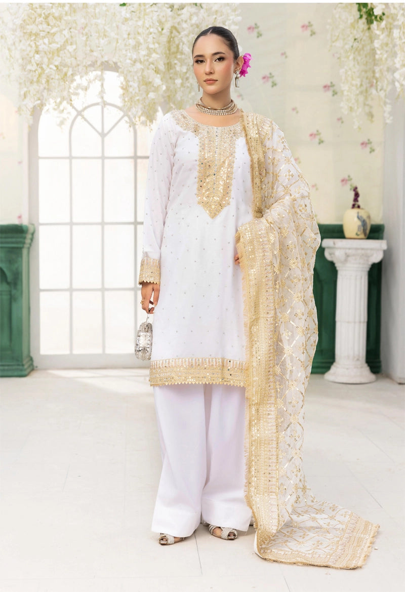 Qalamkar Inspired Embroidered 3 Piece Chiffon Wedding Outfit White
