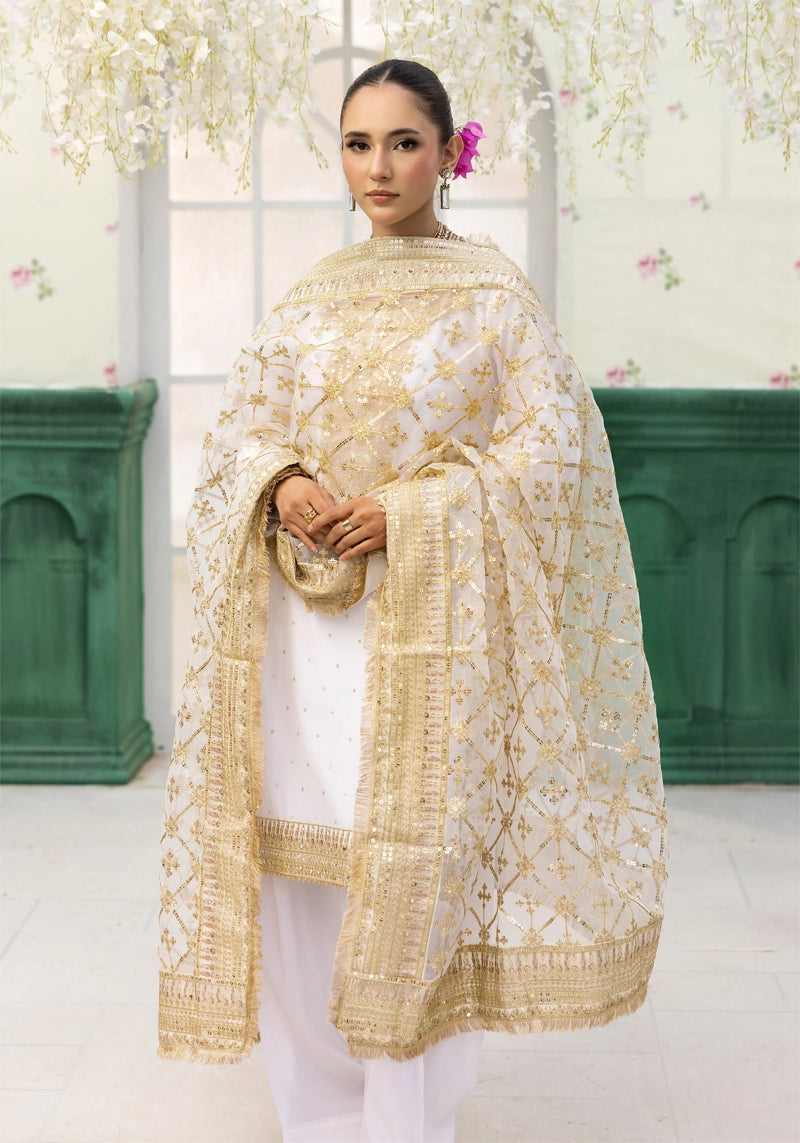 Qalamkar Inspired Embroidered 3 Piece Chiffon Wedding Outfit White