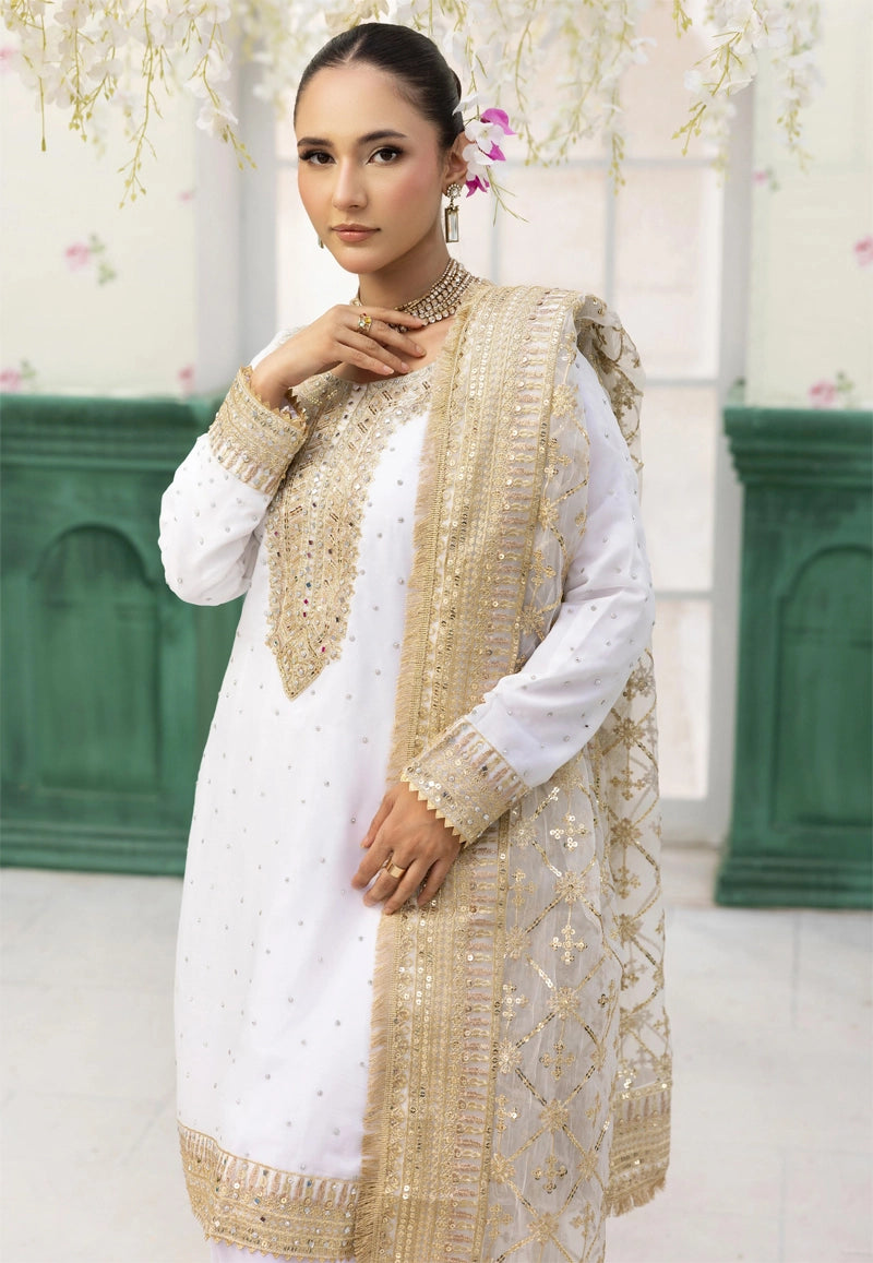 Qalamkar Inspired Embroidered 3 Piece Chiffon Wedding Outfit White