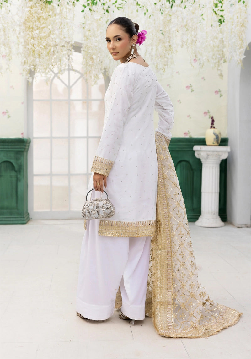 Qalamkar Inspired Embroidered 3 Piece Chiffon Wedding Outfit White