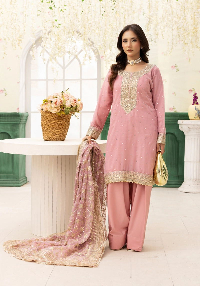 Qalamkar Inspired Embroidered 3 Piece Chiffon Wedding Outfit Pink