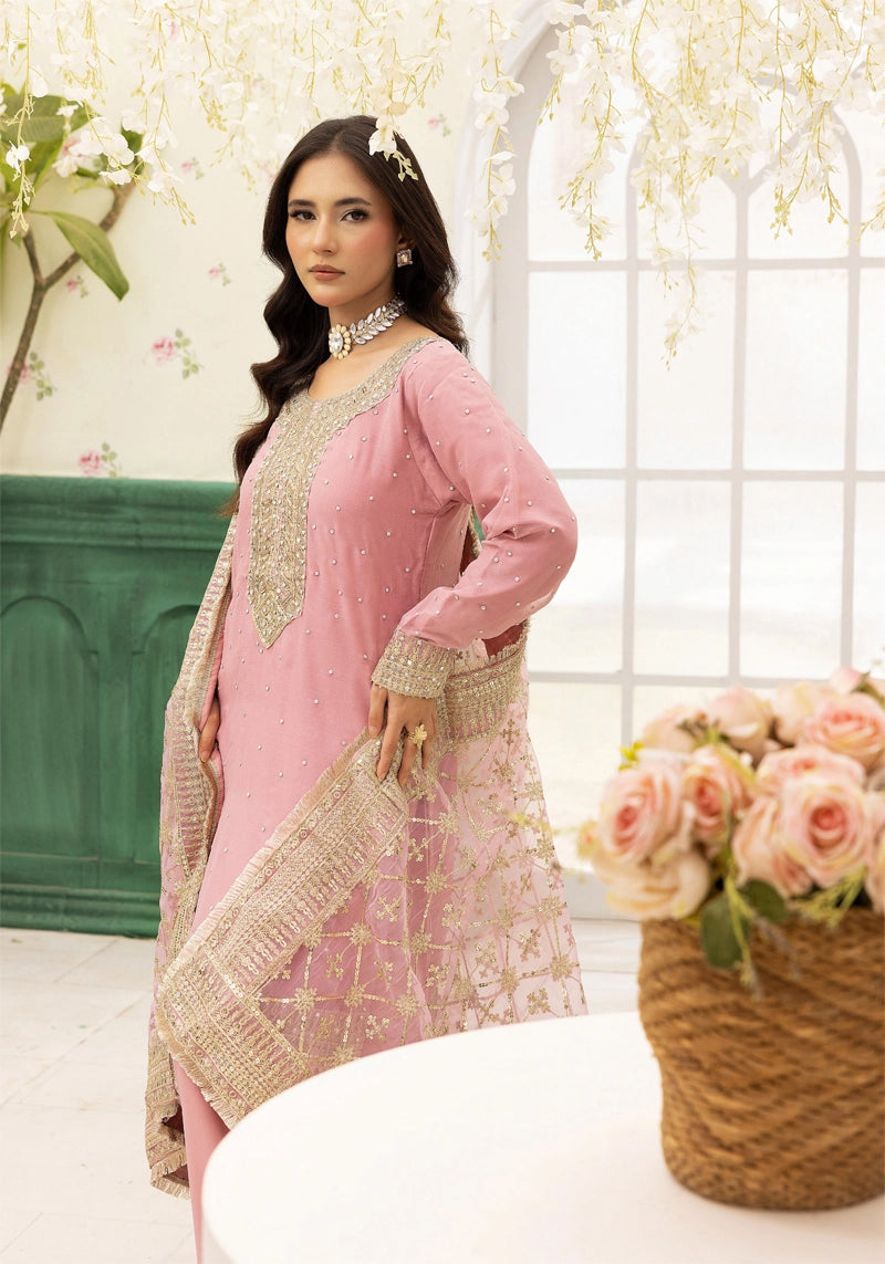 Qalamkar Inspired Embroidered 3 Piece Chiffon Wedding Outfit Pink