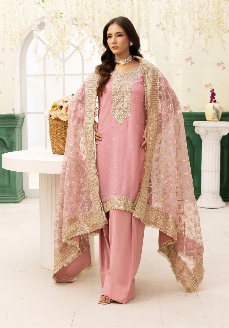 Qalamkar Inspired Embroidered 3 Piece Chiffon Wedding Outfit Pink