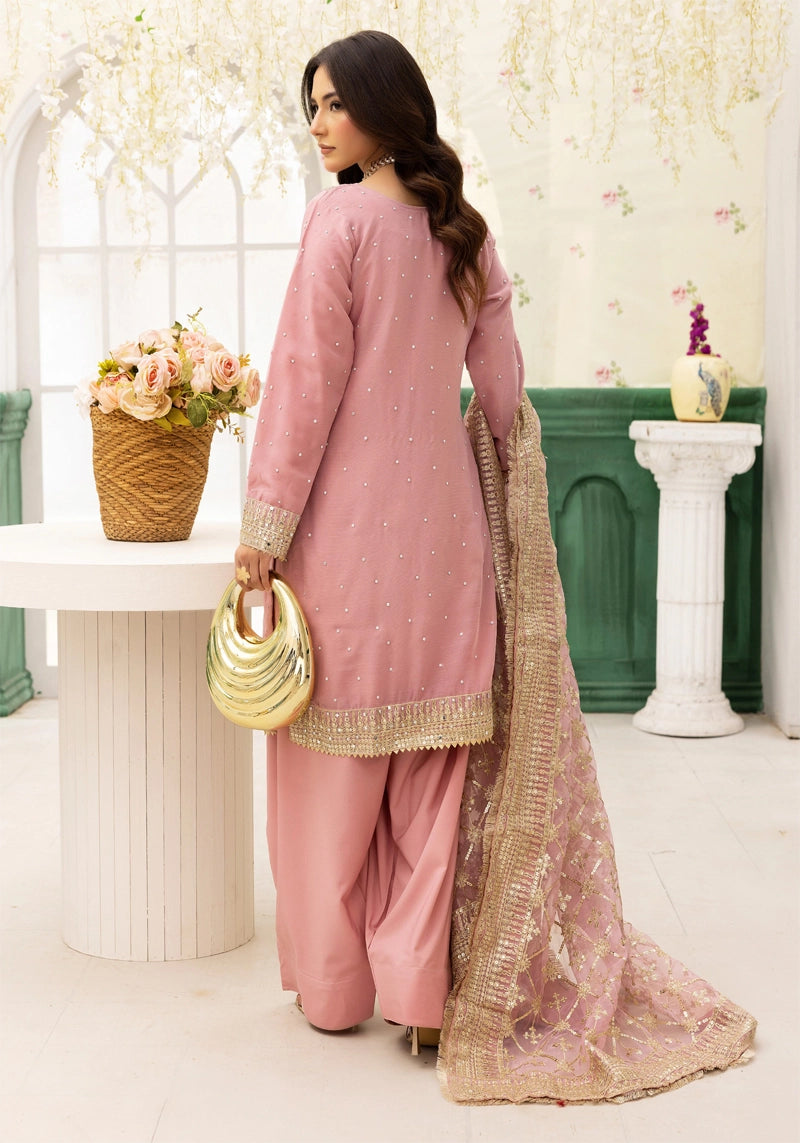 Qalamkar Inspired Embroidered 3 Piece Chiffon Wedding Outfit Pink