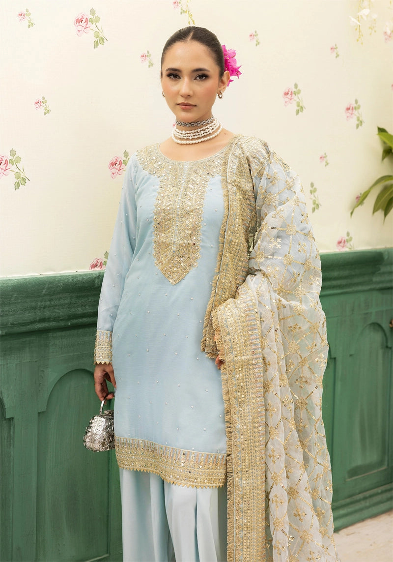 Qalamkar Inspired Embroidered 3 Piece Chiffon Wedding Outfit Powder Blue